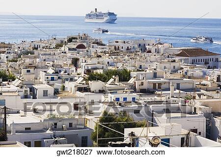 Town on the coast, Mykonos, Cyclades Islands, Greece View Large Photo Image Stock Photo - Town on the coast, Mykonos, Cyclades Islands, Greece. Fotosearch