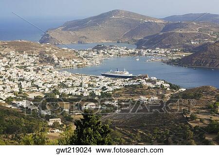Picture - High angle view of a cityscape, Skala, Patmos, Dodecanese Islands, Greece. Fotosearch