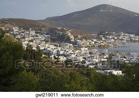 High angle view of a cityscape, Skala, Patmos, Dodecanese Islands, Greece View Large Photo Image Stock Image - High angle view of a cityscape, Skala, Patmos, Dodecanese Islands, Greece. Fotosearch