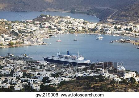 Stock Photo - High angle view of a cityscape, Skala, Patmos, Dodecanese Islands, Greece. Fotosearch