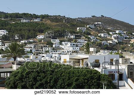 High angle view of buildings in a city, Patmos, Dodecanese Islands, Greece View Large Photo Image Stock Image - High angle view of buildings in a city, Patmos, Dodecanese Islands, Greece. Fotosearch