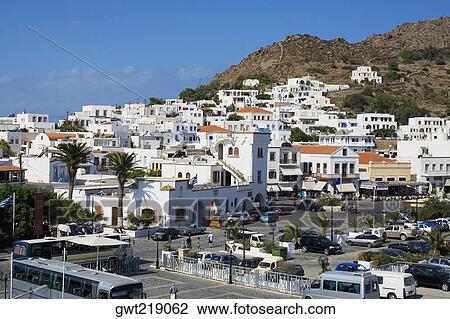 Stock Image - High angle view of buildings in a city, Skala, Patmos, Dodecanese Islands, Greece. Fotosearch