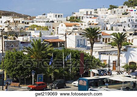 High angle view of buildings in a city, Skala, Patmos, Dodecanese Islands, Greece View Large Photo Image Stock Photo - High angle view of buildings in a city, Skala, Patmos, Dodecanese Islands, Greece. Fotosearch