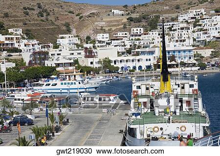 High angle view of ships at a harbor, Skala, Patmos, Dodecanese Islands, Greece View Large Photo Image Stock Image - High angle view of ships at a harbor, Skala, Patmos, Dodecanese Islands, Greece. Fotosearch