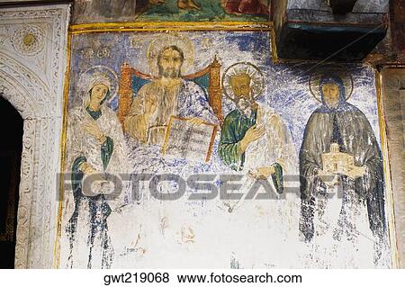 Stock Photo - Low angle view of a mural on the wall of a church, Monastery of St. John the Divine, Patmos, Dodecanese Islands, Greece. Fotosearch