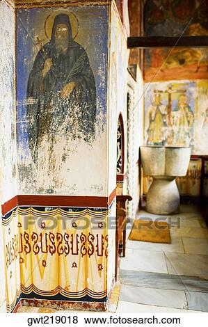 Mural on the wall of a church, Monastery of St. John the Divine, Patmos, Dodecanese Islands, Greece View Large Photo Image Stock Photo - Mural on the wall of a church, Monastery of St. John the Divine, Patmos, Dodecanese Islands, Greece. Fotosearch