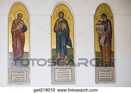 Stock Photo - Murals on the wall of a church, Monastery of St. John the Divine, Patmos, Dodecanese Islands, Greece. Fotosearch
