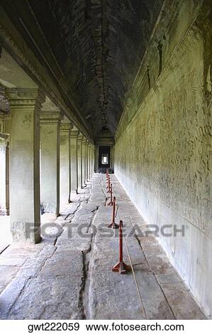Stock Photo - Empty corridor of a temple, Angkor Wat, Siem Reap, Cambodia. Fotosearch
