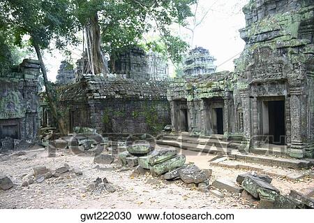 Stock Image - Old ruins of a temple, Angkor Wat, Siem Reap, Cambodia. Fotosearch