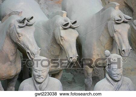 Stock Photo - High angle view of statues of terracotta soldiers, Xi'an, Shaanxi Province, China. Fotosearch