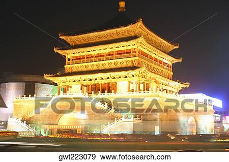 Stock Photo - Low angle view of a pagoda lit up at night, Zhong Lou, Xi'an, Shaanxi Province, China. Fotosearch