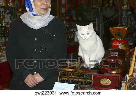 Stock Image - Mid adult woman standing in a store with a cat sitting beside her, Xi'an, Shaanxi Province, China. Fotosearch