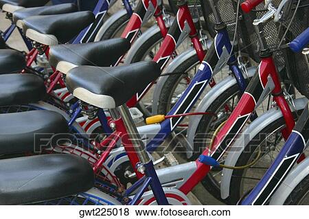 Close-up of a group of bicycles parked in a row, Vientiane, Laos View Large Photo Image Stock Photo - Close-up of a group of bicycles parked in a row, Vientiane, Laos. Fotosearch