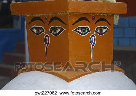 Close-up of eyes of Buddha painted on a stupa, Ghorapani, Annapurna Range, Himalayas, Nepal View Large Photo Image Stock Image - Close-up of eyes of Buddha painted on a stupa, Ghorapani, Annapurna Range, Himalayas, Nepal. Fotosearch