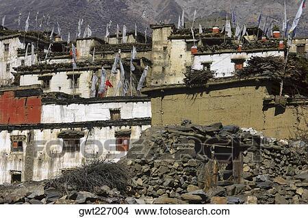 Low angle view of prayer flags on houses in a town, Muktinath, Annapurna Range, Himalayas, Nepal View Large Photo Image Picture - Low angle view of prayer flags on houses in a town, Muktinath, Annapurna Range, Himalayas, Nepal. Fotosearch