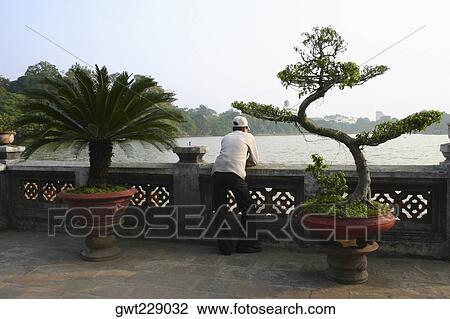 Stock Image - Rear view of a man looking at view, Hanoi, Vietnam. Fotosearch
