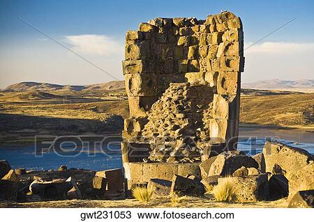 Stock Image - Close-up of the old ruins, Sillustani, Lake Titicaca, Puno, Peru. Fotosearch