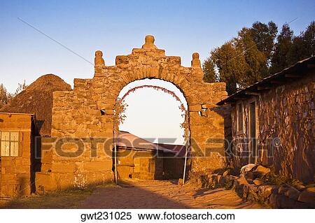 Ruins of an entrance gate, Puerta Del Sol, Lake Titicaca, Taquile Island, Puno, Peru View Large Photo Image Stock Photography - Ruins of an entrance gate, Puerta Del Sol, Lake Titicaca, Taquile Island, Puno, Peru. Fotosearch