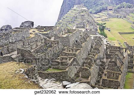 High angle view of ruins on mountains, Machu Picchu, Cusco Region, Peru View Large Photo Image Stock Image - High angle view of ruins on mountains, Machu Picchu, Cusco Region, Peru. Fotosearch