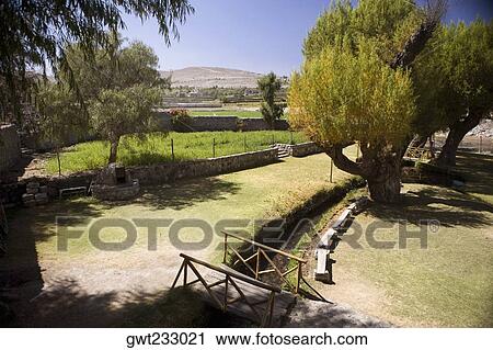 High angle view of a footbridge in a garden, Sabandia Mill, Arequipa, Peru View Large Photo Image Stock Image - High angle view of a footbridge in a garden, Sabandia Mill, Arequipa, Peru. Fotosearch