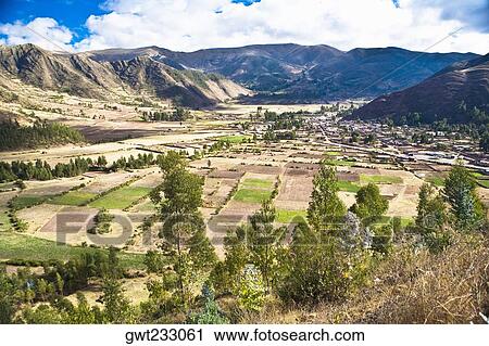 Stock Image - High angle view of a landscape, Valle Sagrado, Pisaq, Cuzco, Peru. Fotosearch