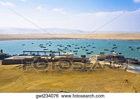 Stock Photograph - Boats in the sea, Lagunillas, Paracas National Reserve, Paracas, Ica Region, Peru. Fotosearch