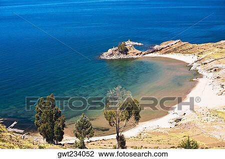 Stock Image - High angle view of a beach, Lake Titicaca, Taquile Island, Puno, Peru. Fotosearch
