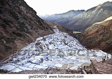 Stock Image - Terraced salt ponds on a mountainside, Salinas De Maras, Cuzco, Peru. Fotosearch