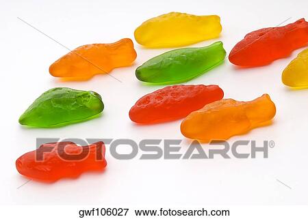 Close-up of fish shaped jelly View Large Photo Image Stock Photo - Close-up of fish shaped jelly. Fotosearch
