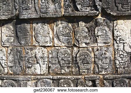 Stock Photo - Close-up of skulls carved on the wall, Chichen Itza, Yucatan, Mexico. Fotosearch