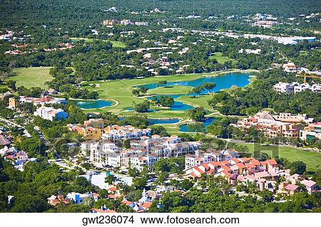Picture - High angle view of buildings in a city, Playa Del Carmen, Quintana Roo, Mexico. Fotosearch