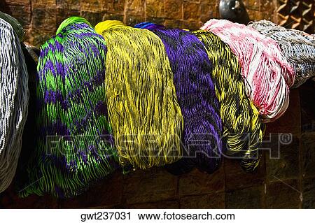Stock Image - Close-up of multi-colored threads, San Cristobal De Las Casas, Chiapas, Mexico. Fotosearch