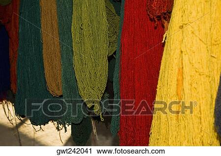 Stock Image - Close-up of wool hanging, Teotitlan Del Valle, Oaxaca State, Mexico. Fotosearch