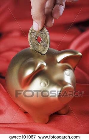 Close-up of a person's hand putting coin into a piggy bank View Large Photo Image Stock Photo - Close-up of a person's hand putting coin into a piggy bank. Fotosearch