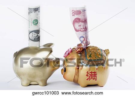 Us paper currency with Chinese currency on piggy banks View Large Photo Image Stock Image - Us paper currency with Chinese currency on piggy banks. Fotosearch