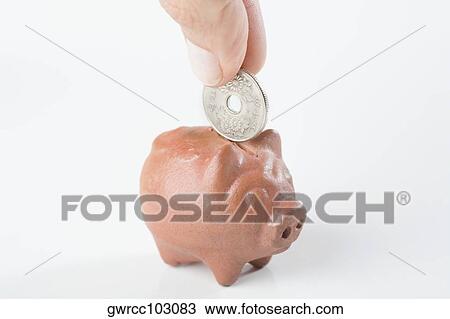 Close-up of a person's hand putting coin into a piggy bank View Large Photo Image Stock Image - Close-up of a person's hand putting coin into a piggy bank. Fotosearch
