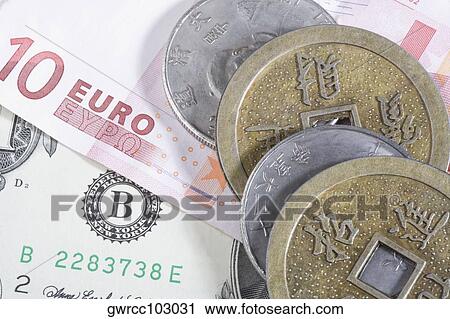 Close-up of Chinese coins with European union currency View Large Photo Image Stock Image - Close-up of Chinese coins with European union currency. Fotosearch