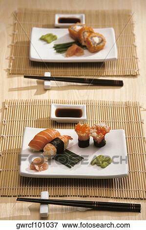 Close-up of sushi served in trays View Large Photo Image Stock Photo - Close-up of sushi served in trays. Fotosearch