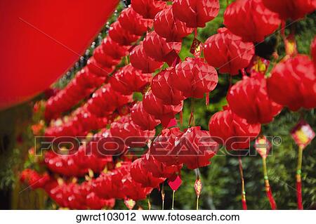 Stock Image - Chinese lantern hanging in a row, Emerald Valley, Huangshan, Anhui Province, China. Fotosearch