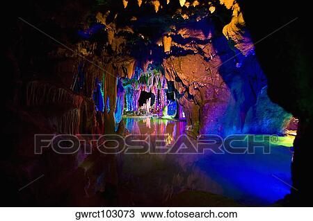 Stock Image - Interiors of a cave, Lotus Cave, Xingping, Yangshuo, Guangxi Province, China. Fotosearch