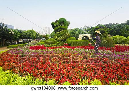 Stock Photo - Side profile of a man watering flowers, Chen Clan Academy, Guangzhou, Guangdong Province, China. Fotosearch