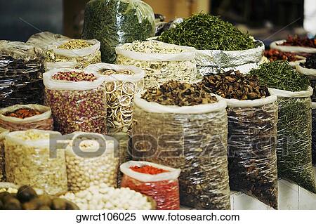 Sacks of herbs and spices at a market stall, Tai'an, Shandong Province, China View Large Photo Image Stock Photography - Sacks of herbs and spices at a market stall, Tai'an, Shandong Province, China. Fotosearch