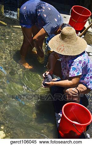 Stock Photography - Two people washing clothes in water, Xidi, Anhui Province, China. Fotosearch
