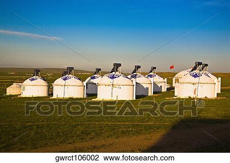 Stock Image - Yurts on a landscape, Inner Mongolia, China. Fotosearch