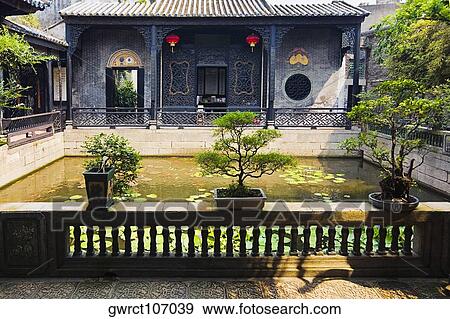 Stock Photo - Pond in front of a pavilion, Yu Yin Shan Fang, Panyu, Guangzhou, Guangdong Province, China. Fotosearch