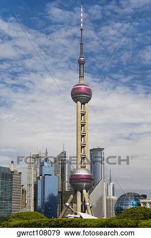 Low angle view of a TV tower, Oriental Pearl Tower, Shanghai, China View Large Photo Image Stock Photo - Low angle view of a TV tower, Oriental Pearl Tower, Shanghai, China. Fotosearch