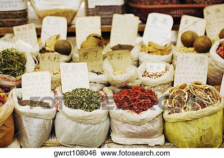 Sacks of herbs and spices at a market stall, Tai'an, Shandong Province, China View Large Photo Image Stock Photograph - Sacks of herbs and spices at a market stall, Tai'an, Shandong Province, China. Fotosearch