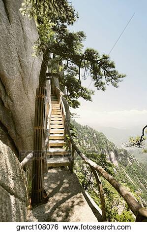 Staircase on a mountain, Huangshan Mountains, Anhui Province, China View Large Photo Image Stock Photograph - Staircase on a mountain, Huangshan Mountains, Anhui Province, China. Fotosearch