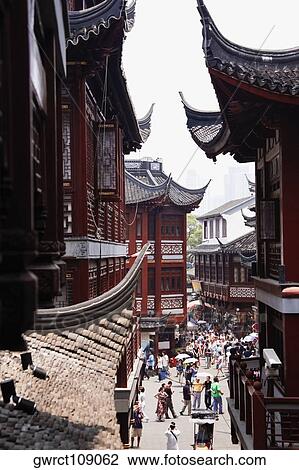High angle view of tourists in a market, Yu Yuan Gardens, Shanghai, China View Large Photo Image Stock Image - High angle view of tourists in a market, Yu Yuan Gardens, Shanghai, China. Fotosearch