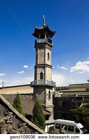 Stock Photograph - Low angle view of a mosque, Great Mosque, Hohhot, Inner Mongolia, China. Fotosearch
